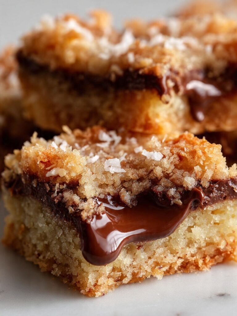 Single coconut toffee bar close-up showing dark chocolate ganache drip and flaked sea salt on deep copper toasted coconut