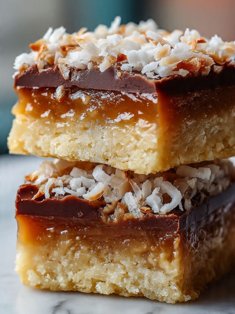 Two coconut toffee bars stacked on marble showing the amber caramel toffee layer between the shortbread base and dark chocolate ganache