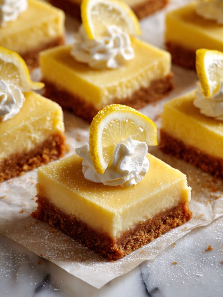 Overhead view of creamy lemon squares on parchment paper with whipped cream and fresh lemon slices
