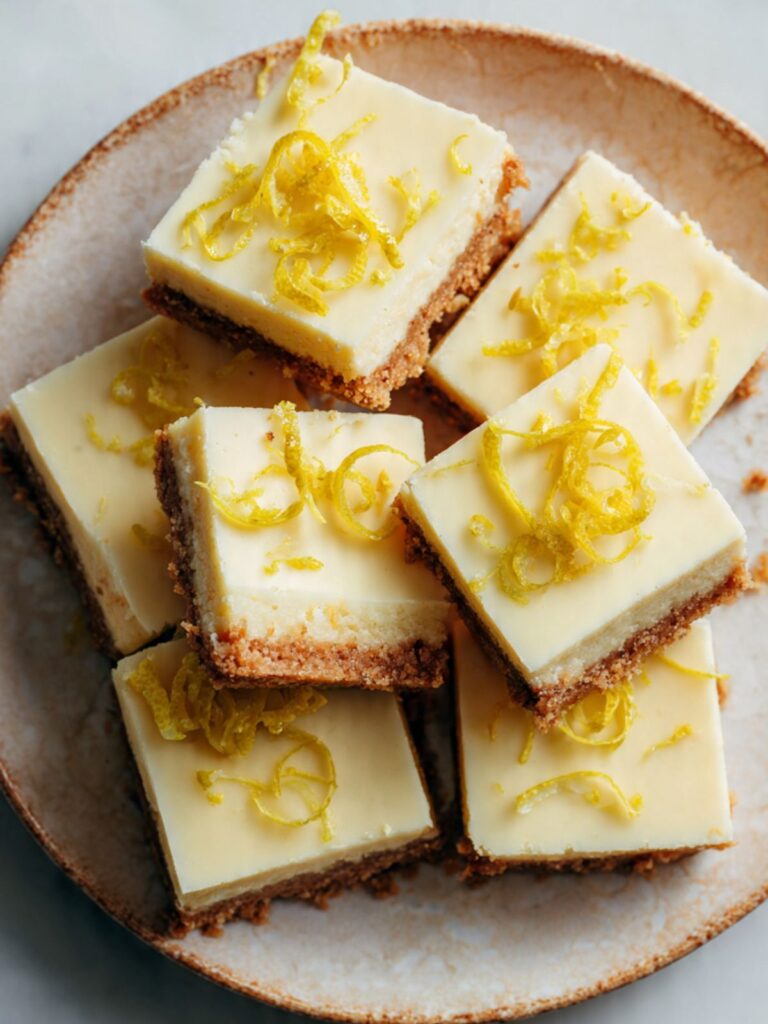 Six creamy lemon squares with graham cracker crust and lemon zest curls on a ceramic plate, overhead view