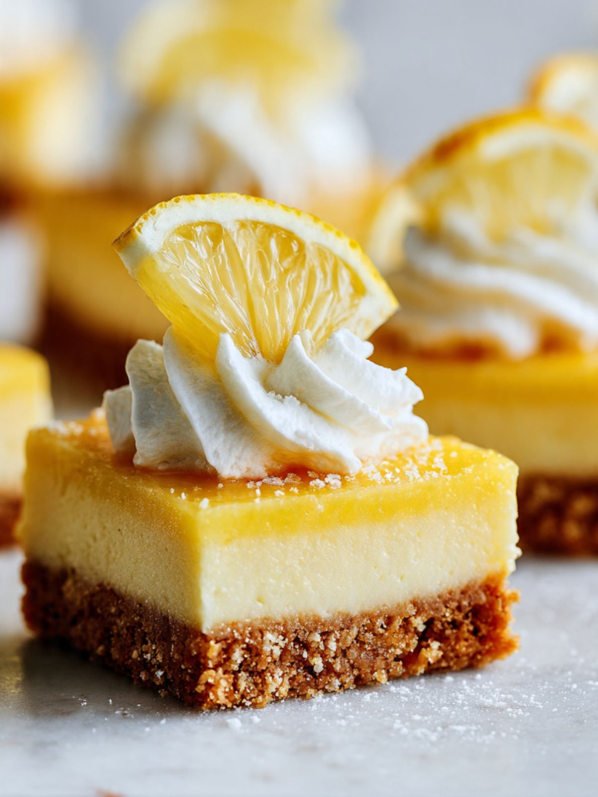 Close-up of a single creamy lemon square with graham cracker crust, whipped cream rosette, and lemon slice