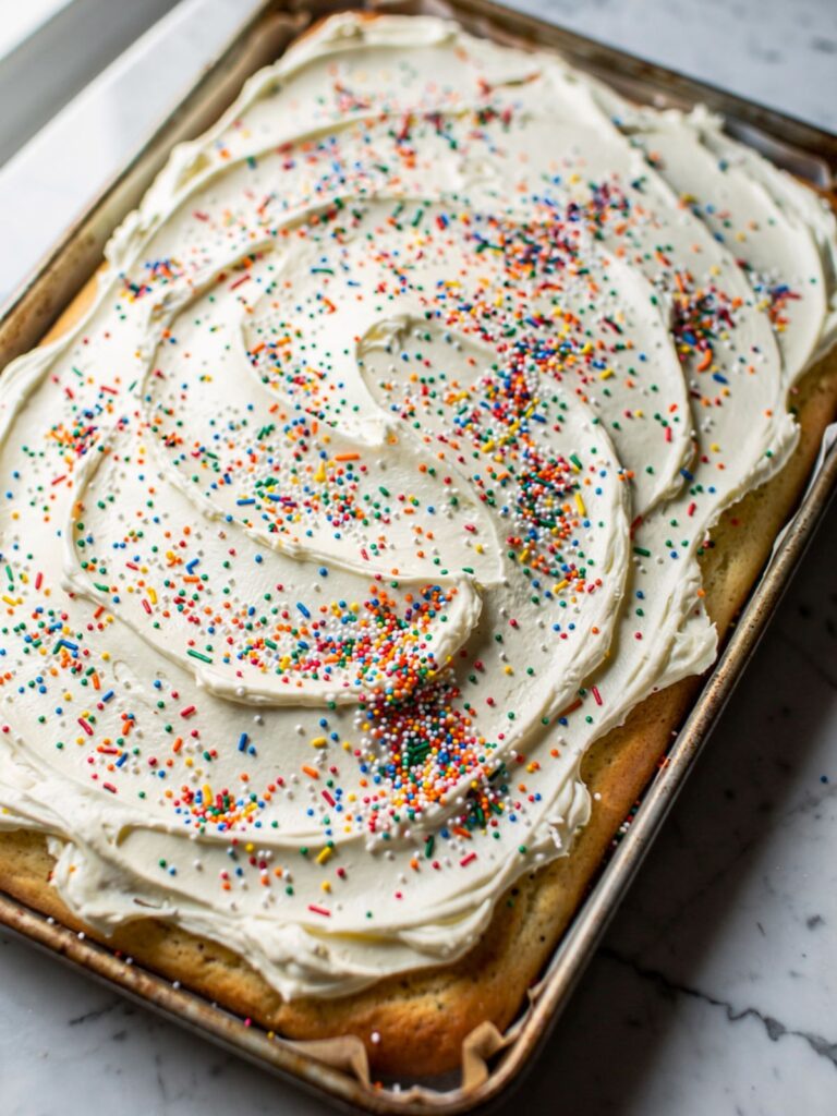 Whole funfetti sheet cake in pan with swoop buttercream and rainbow sprinkles on top — funfetti sheet cake