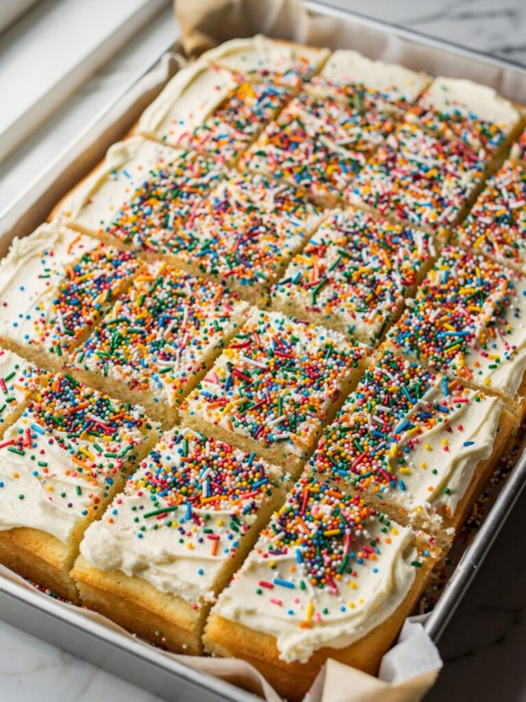 Funfetti sheet cake cut into 12 squares in pan with sprinkle-topped buttercream — homemade funfetti cake