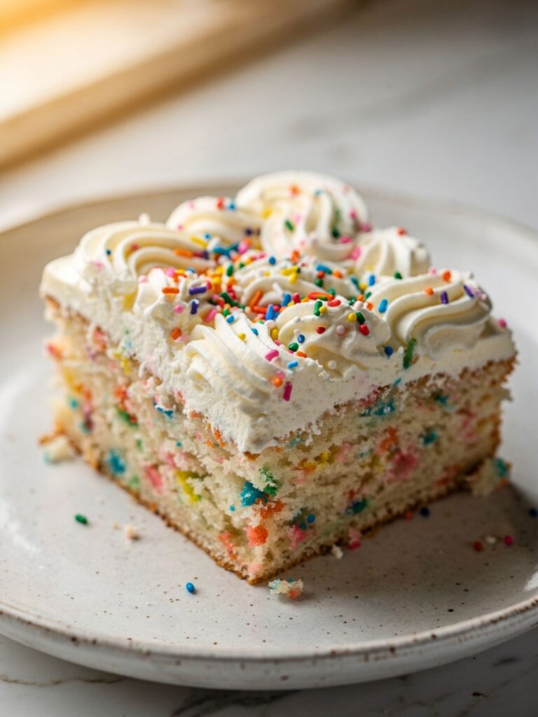 Single slice of funfetti sheet cake on white plate with piped rosettes and rainbow sprinkles — funfetti cake from scratch