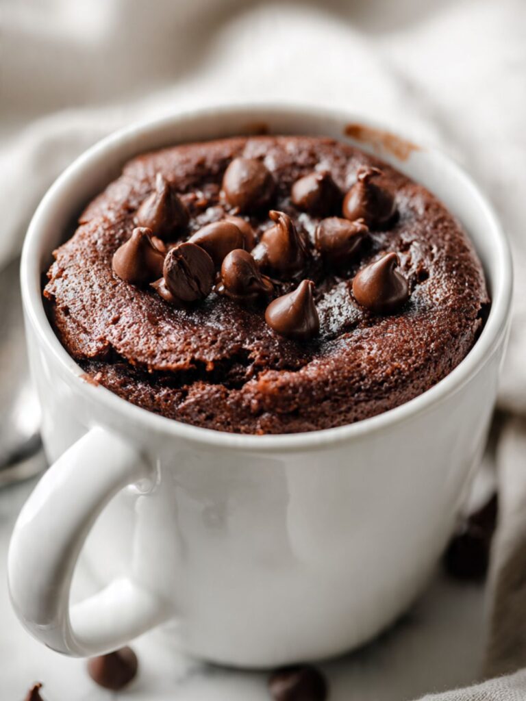 Domed dark chocolate mug cake topped with semi-sweet chocolate chips in a white ceramic mug