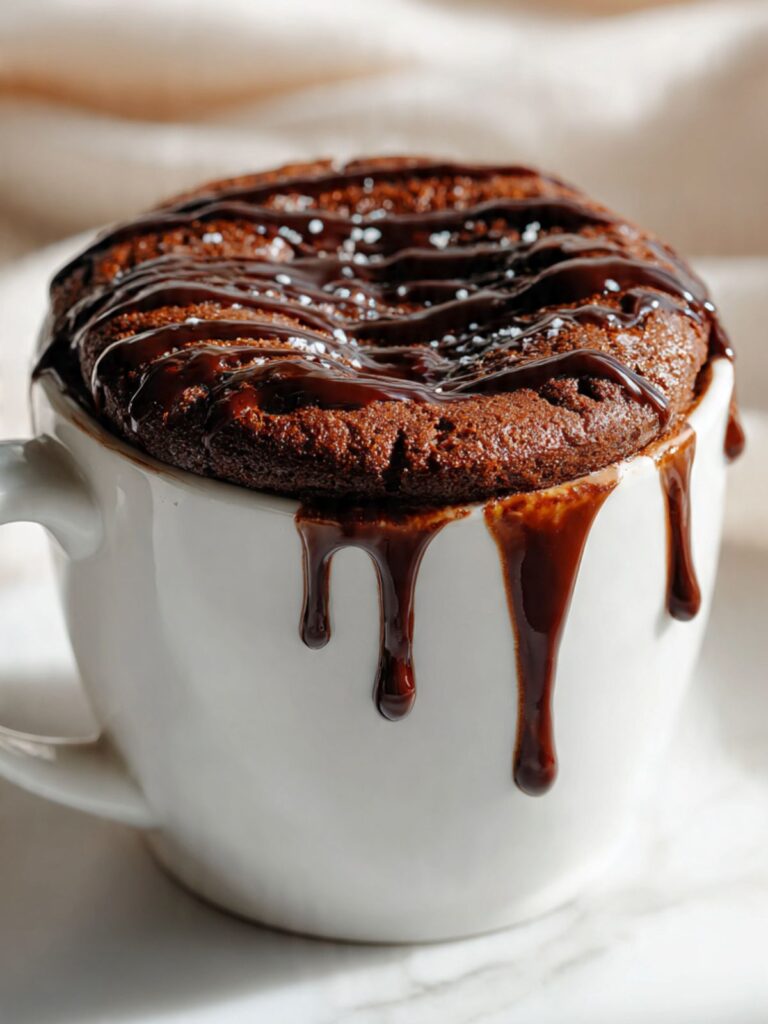 Hot chocolate mug cake with glossy chocolate sauce drizzle and flaked sea salt