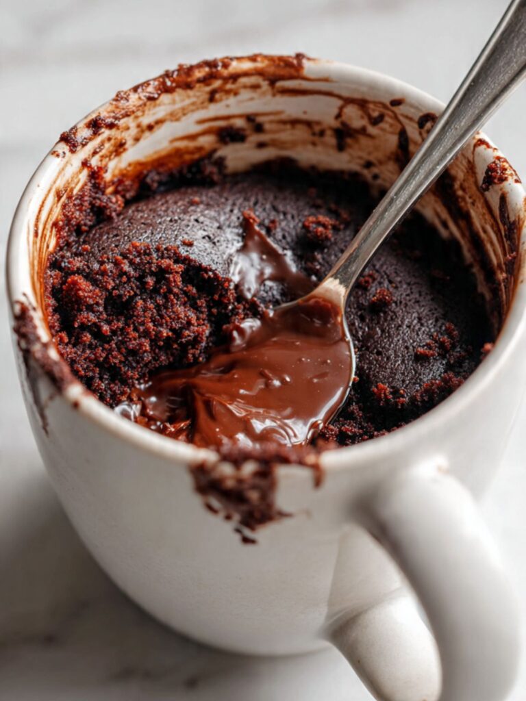 Spoon breaking into molten center of hot chocolate mug cake showing liquid chocolate interior
