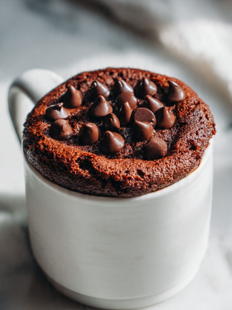 Close-up of hot chocolate mug cake dome covered in semi-sweet chocolate chips on marble surface