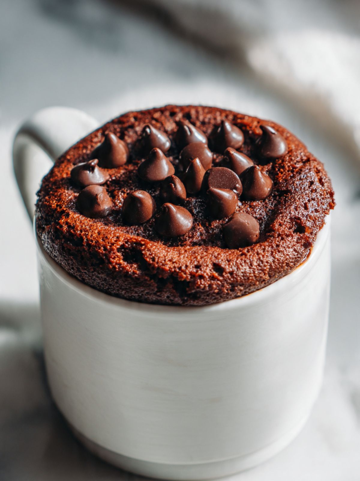 Close-up of hot chocolate mug cake dome covered in semi-sweet chocolate chips on marble surface