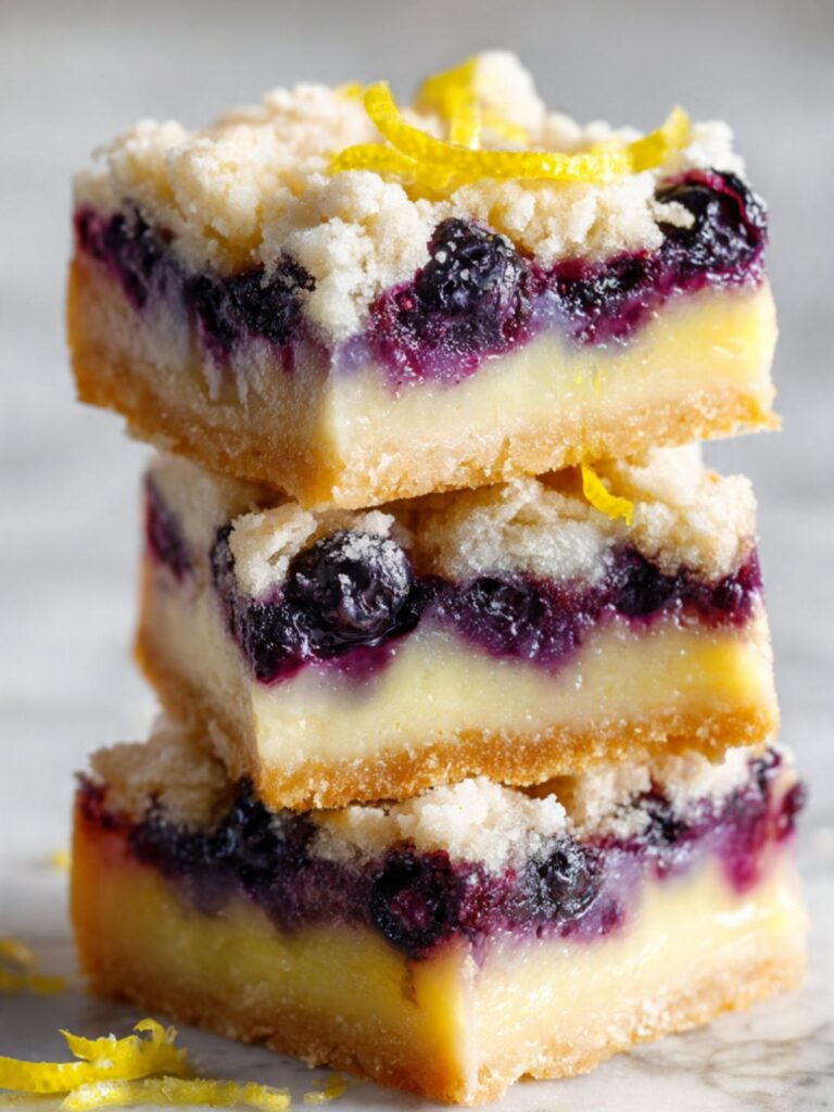 Lemon blueberry bars stacked three high showing shortbread base, lemon custard filling with burst blueberries, and streusel topping