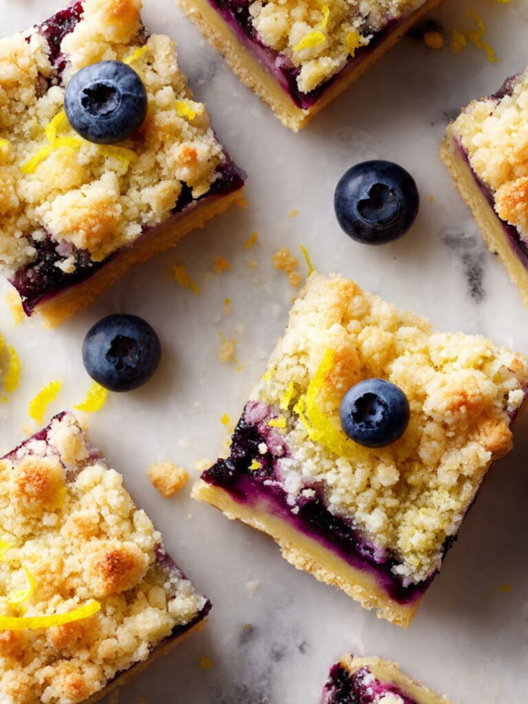 Overhead view of lemon blueberry bars cut into squares on white marble with fresh blueberries and lemon zest scattered around