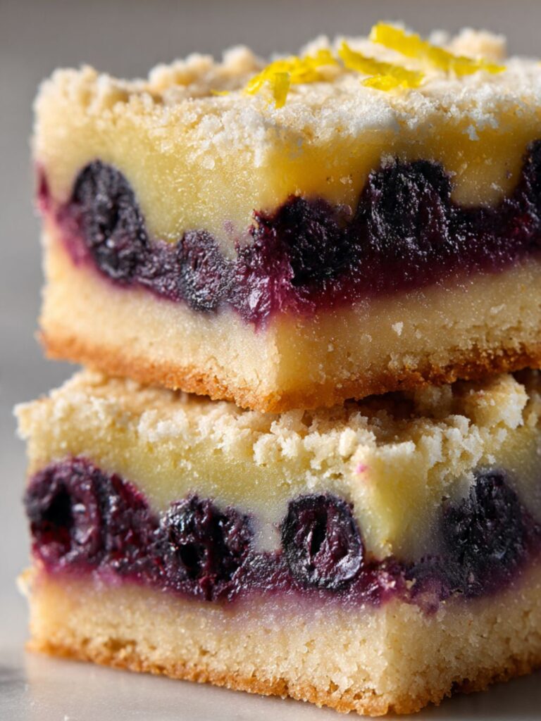 Close-up side view of lemon blueberry bars showing burst blueberry jam pockets in lemon custard layer and pale streusel crumble