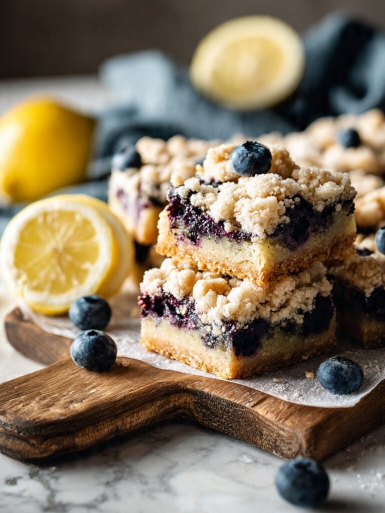 Lemon blueberry bars on a rustic wood cutting board with fresh lemon halves and whole blueberries on white marble surface