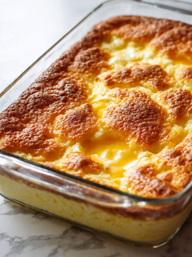 lemon cream cheese dump cake in glass baking dish with deeply browned mounded top and lemon pooling between peaks