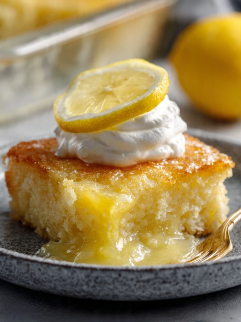 lemon cream cheese dump cake slice on grey plate with molten lemon base pooling whipped cream and fresh lemon wheel