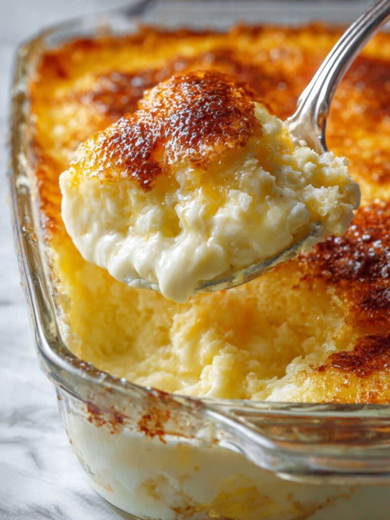 close-up of spoon scooping lemon cream cheese dump cake from glass dish showing dense creamy white interior and browned crust