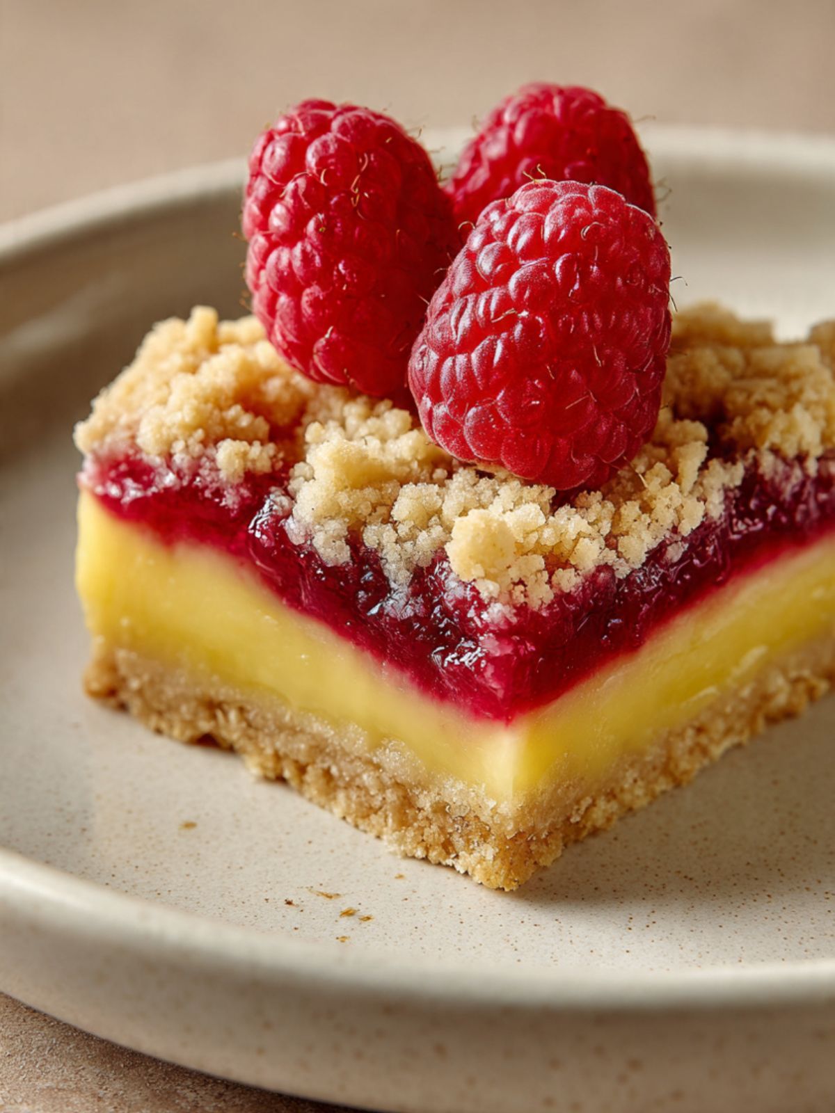 Lemon raspberry bar on ceramic plate showing shortbread crust, lemon curd, raspberry, and streusel layers.