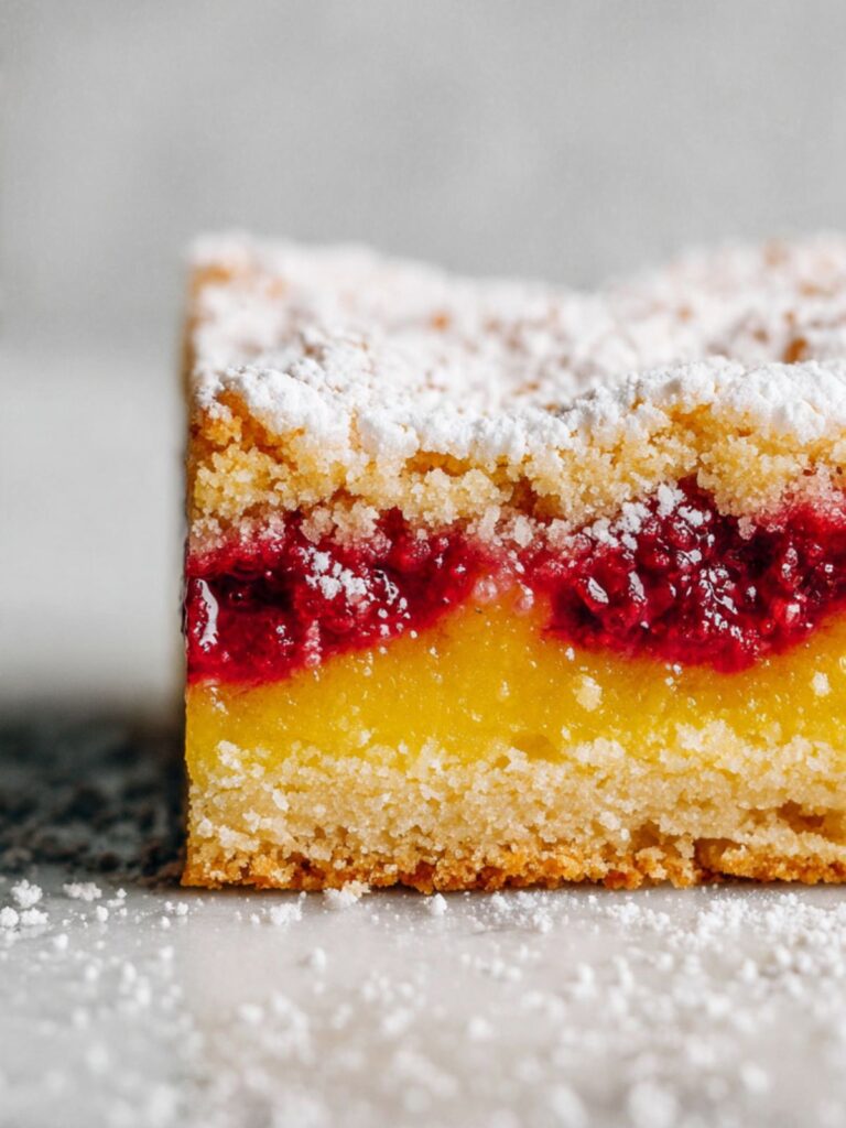 Close-up of lemon raspberry bar cross-section with powdered sugar dusting showing jammy raspberry and lemon curd layers.