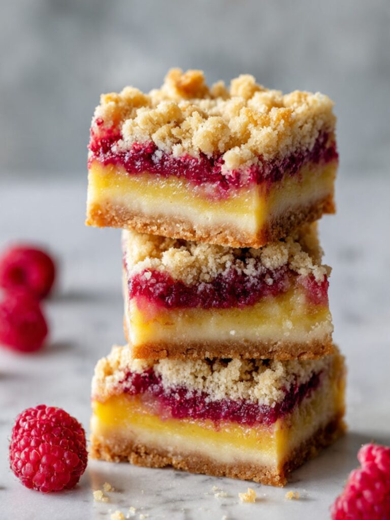 Three lemon raspberry bars stacked on white marble showing shortbread crust, lemon curd, raspberry filling, and golden streusel.