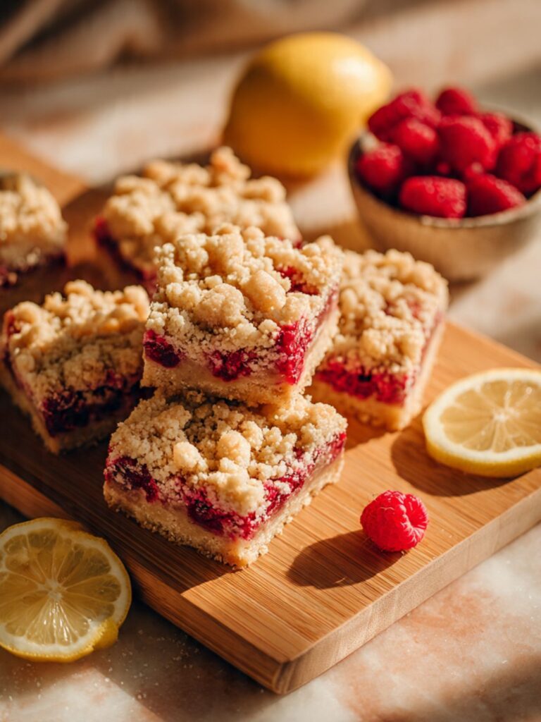 Lemon raspberry bars on bamboo cutting board with fresh lemon slices and raspberries, showing crumbly golden streusel topping.