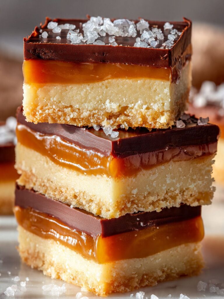 Three stacked millionaire shortbread bars showing pale shortbread base, amber caramel, and dark chocolate top with flaked sea salt