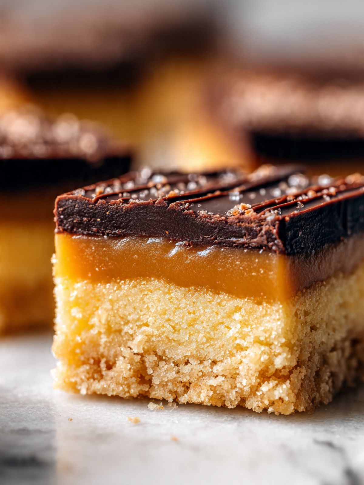 Close-up millionaire shortbread bar showing pale sandy shortbread crumb, amber caramel layer, and dark satin chocolate top