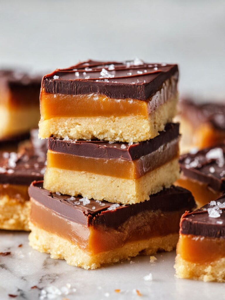 Millionaire shortbread bars stacked on marble showing shortbread, caramel, and dark chocolate layers with flaked salt