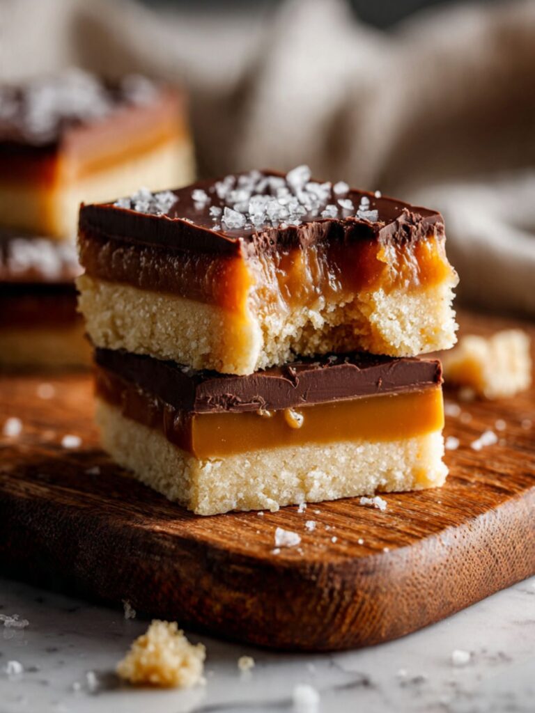 Millionaire shortbread bars on wood board with bite taken showing caramel and crumbly shortbread interior