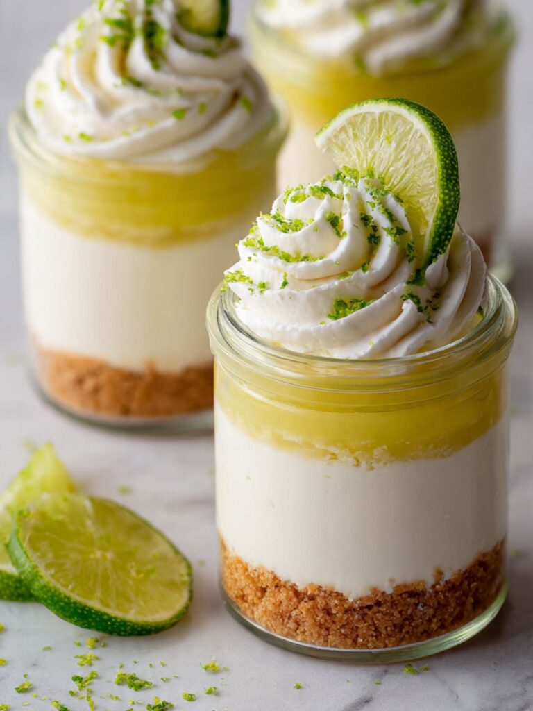 no bake key lime cheesecake cups with graham cracker crust lime curd and piped whipped cream in glass jars