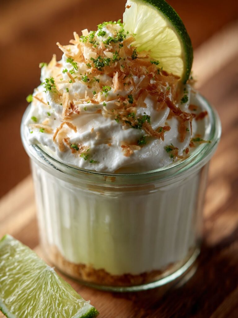 no bake key lime cheesecake cup with toasted coconut garnish variation on wood surface
