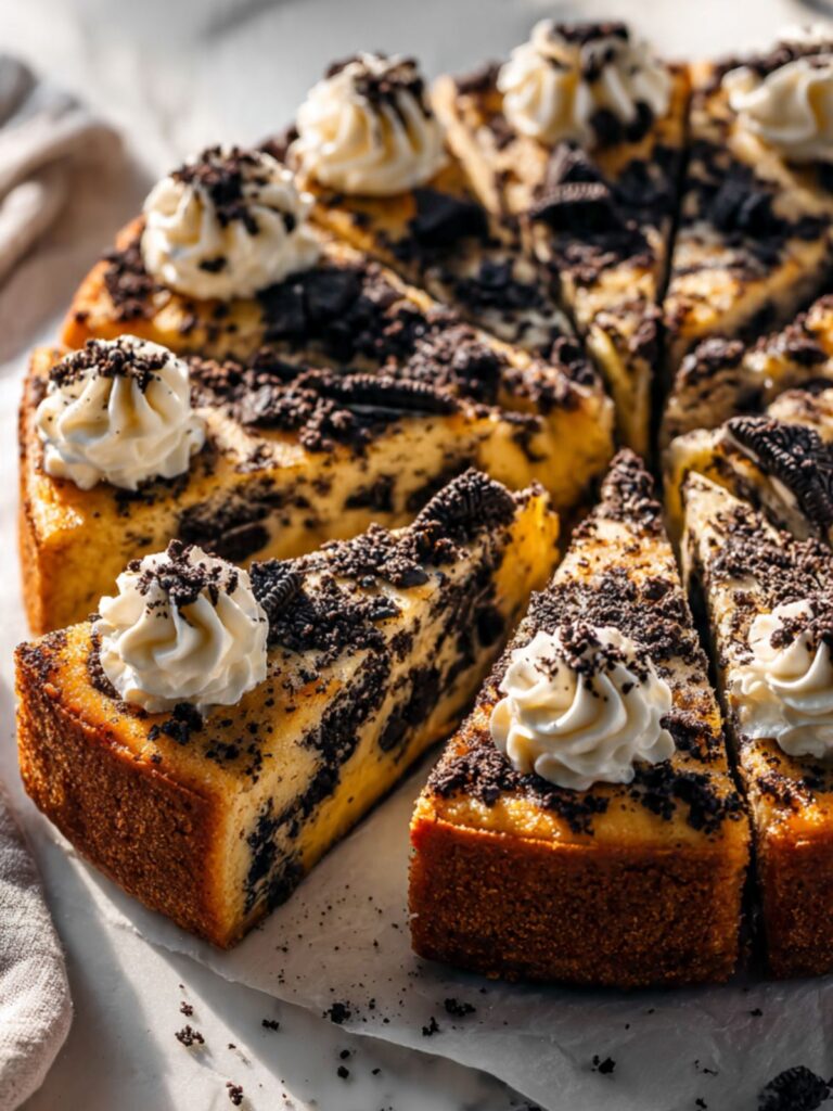 Oreo cookie cake sliced into wedges on a white marble surface with whipped cream rosettes and crushed Oreo topping — oreo cookie cake