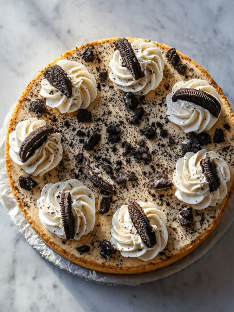 Whole Oreo cookie cake topped with whipped cream rosettes and Oreo crumble garnish — overhead view