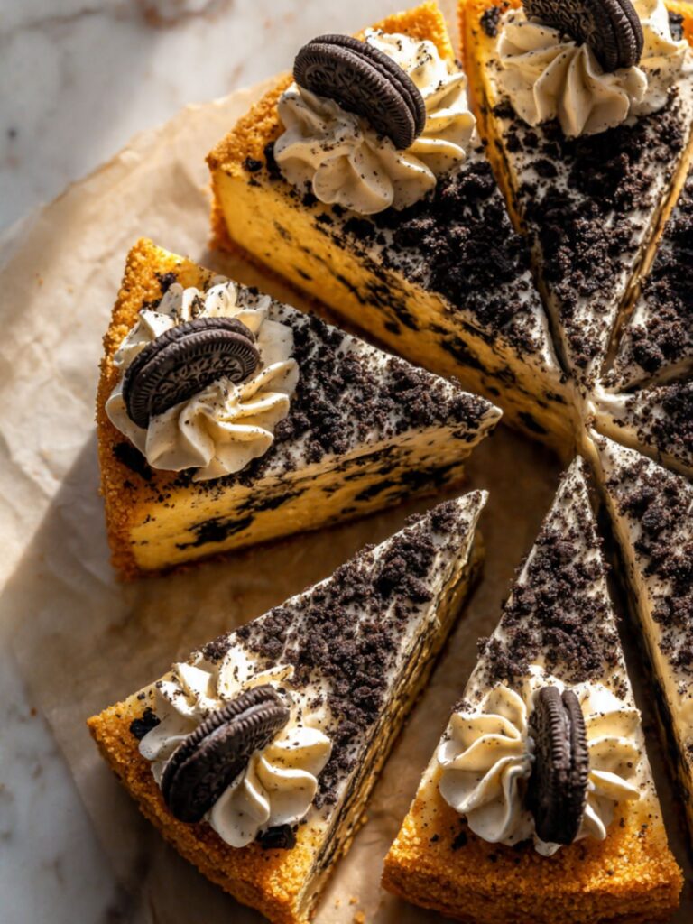 Angled close-up of Oreo cookie cake slices showing dense cream cheese interior with Oreo pieces throughout and golden crust
