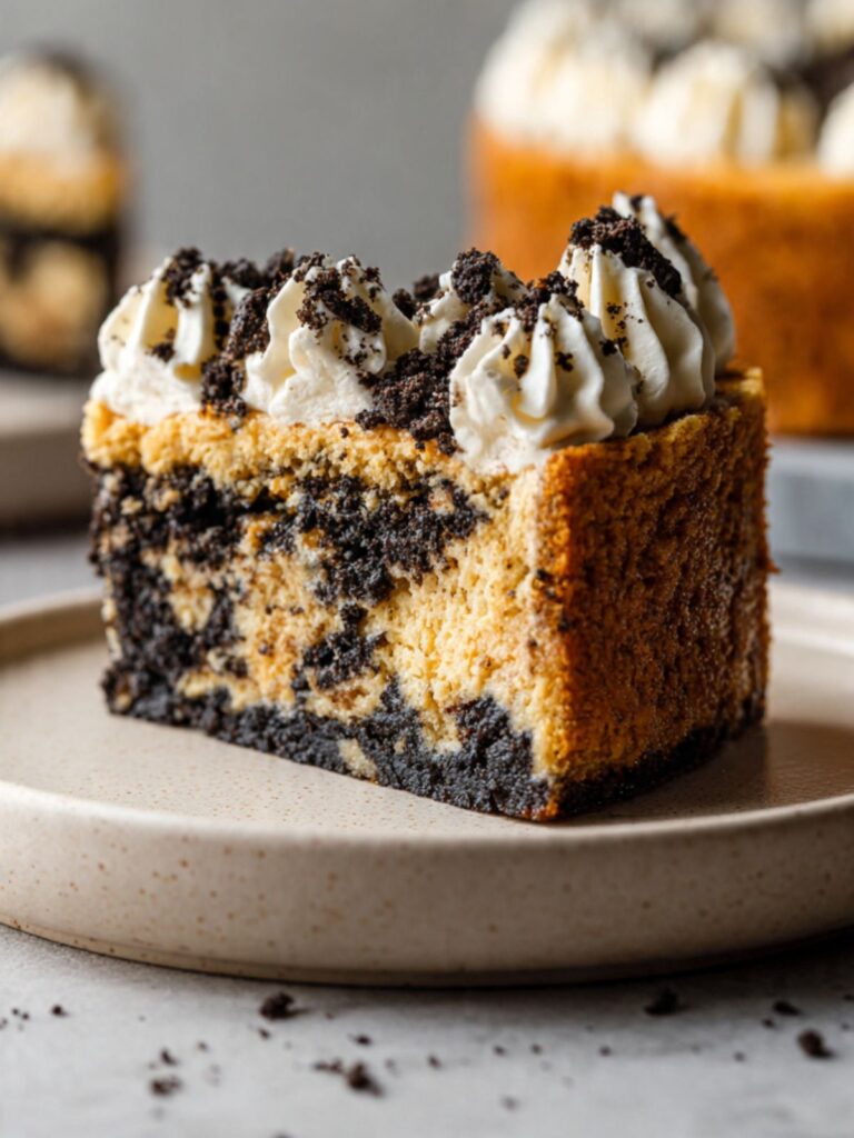 Single slice of Oreo cookie cake on a plate showing the thick Oreo crust base, cream cheese crumb, and whipped cream topping