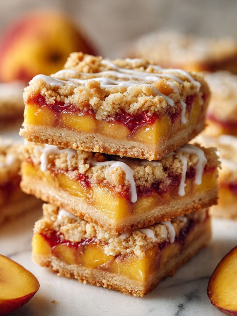 Stack of three peach crumble bars on marble showing golden shortbread base, jammy peach filling and oat crumble topping with white glaze