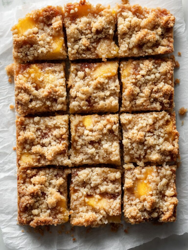 Overhead view of twelve peach crumble bars on parchment paper showing golden oat crumble topping