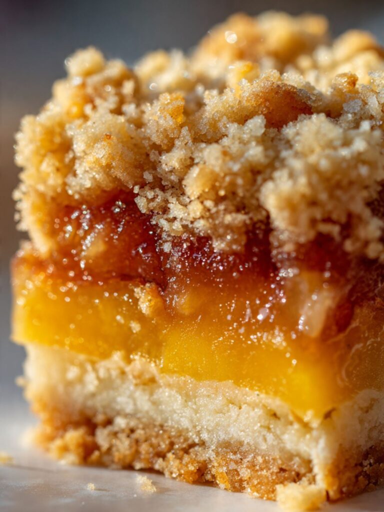 Close-up cross-section of peach crumble bar showing shortbread base, jammy peach filling and crumble topping