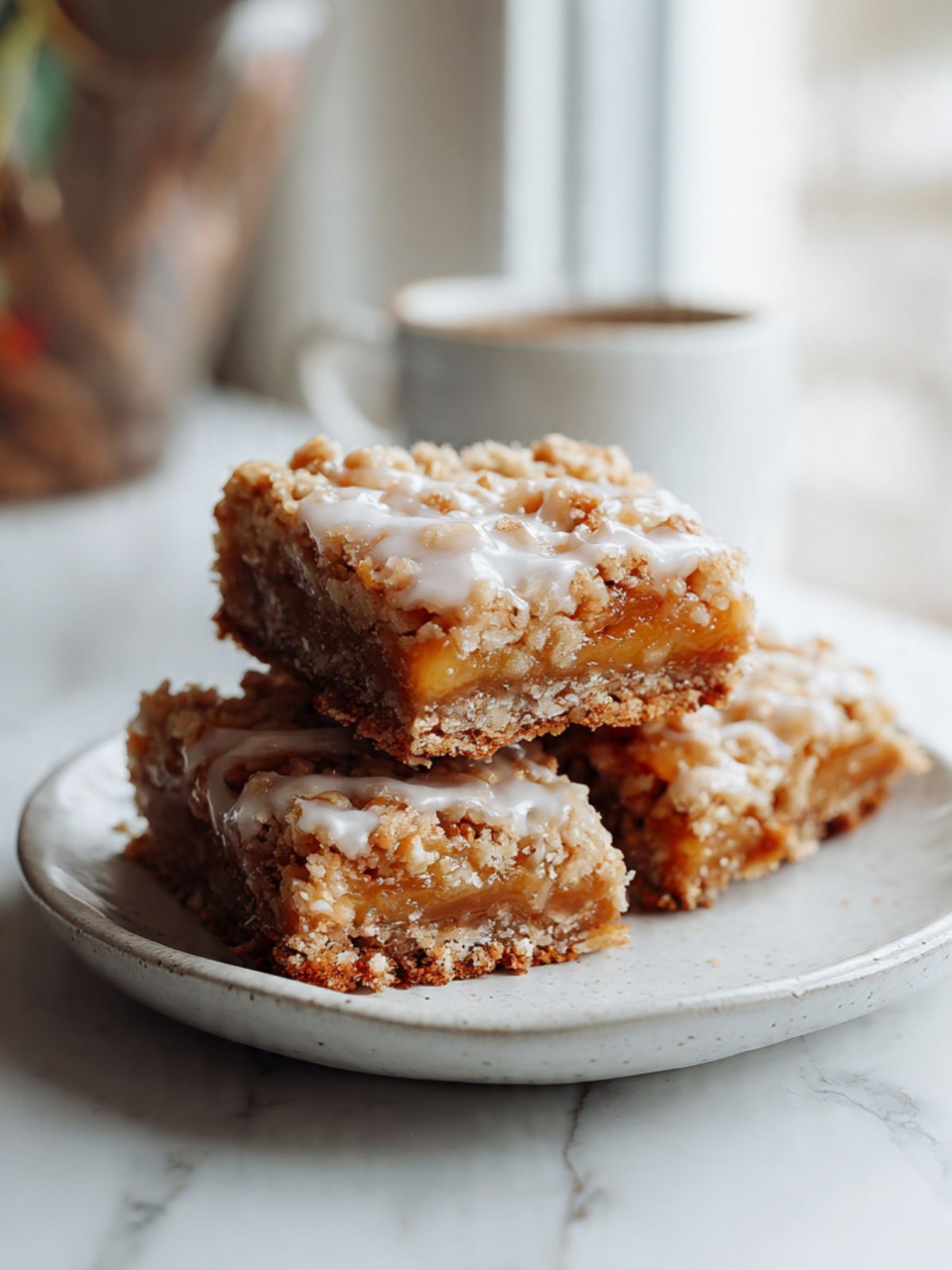 Three peach crumble bars with white glaze stacked on ceramic plate beside white coffee cup on marble