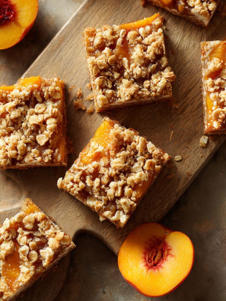 Overhead of peach crumble bars with oat crumble topping on wooden board with fresh halved peaches