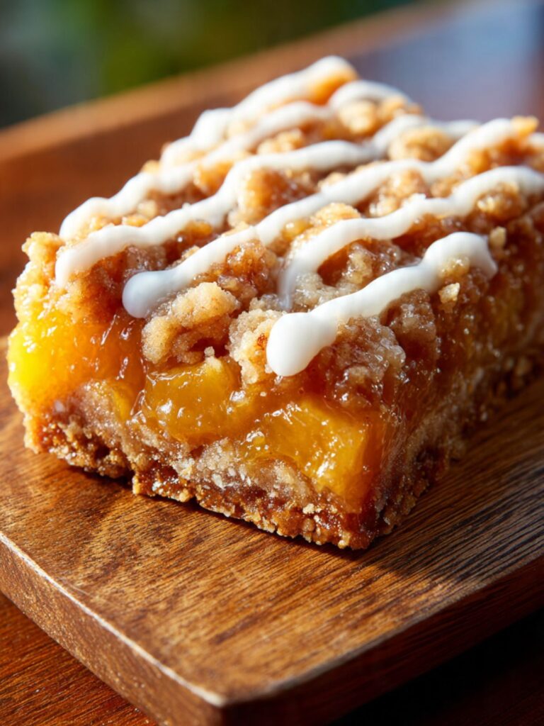 Single peach crumble bar with white glaze on wooden board showing jammy golden peach filling and crumble topping
