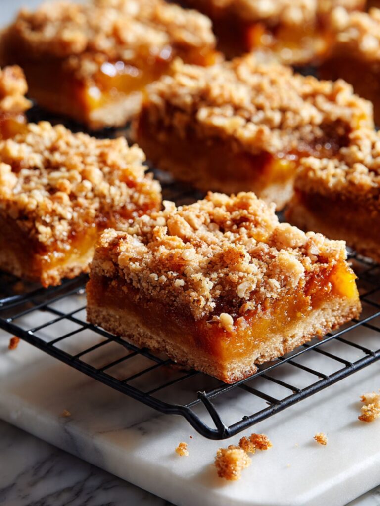 Peach crumble bars on wire cooling rack on marble showing deep golden oat crumble topping and amber peach filling 