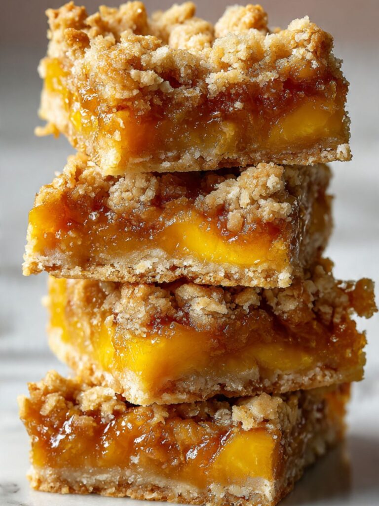 Stack of four peach crumble bars on marble showing jammy two-tone amber peach filling and golden oat crumble topping
