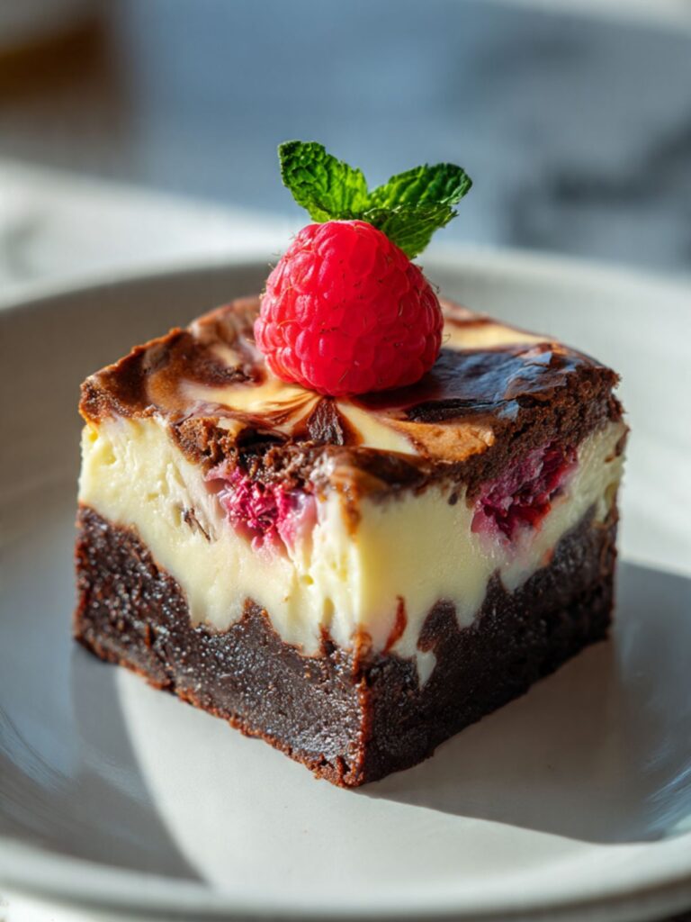 raspberry brownies with cheesecake swirl on white plate, fresh raspberry garnish, layers visible