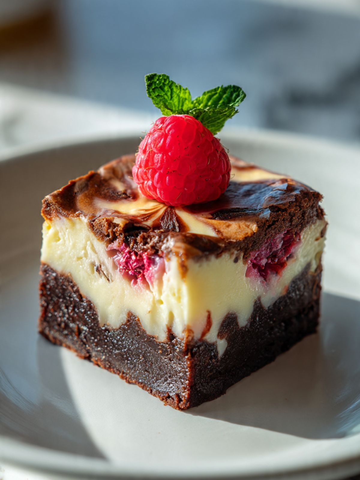 raspberry brownies with cheesecake swirl on white plate, fresh raspberry garnish, layers visible