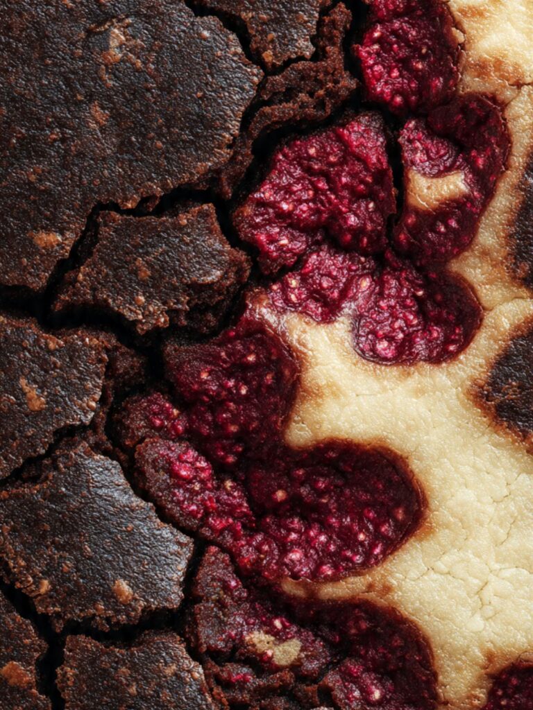 raspberry brownies close-up showing chocolate crackle crust and baked raspberry cheesecake swirl