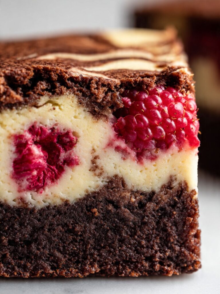 raspberry cheesecake brownies cross-section showing fudgy base and raspberry-studded cheesecake layer