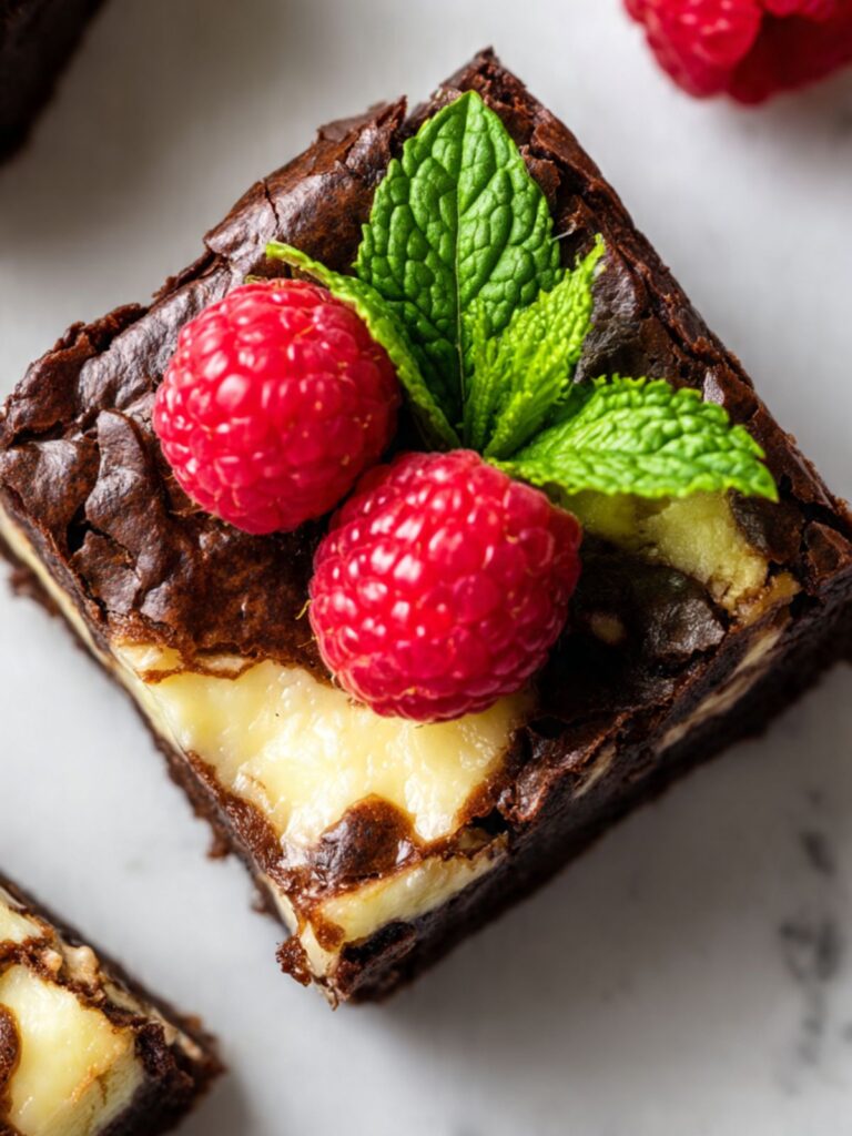raspberry brownies overhead view on marble with fresh raspberry garnish and cheesecake swirl visible