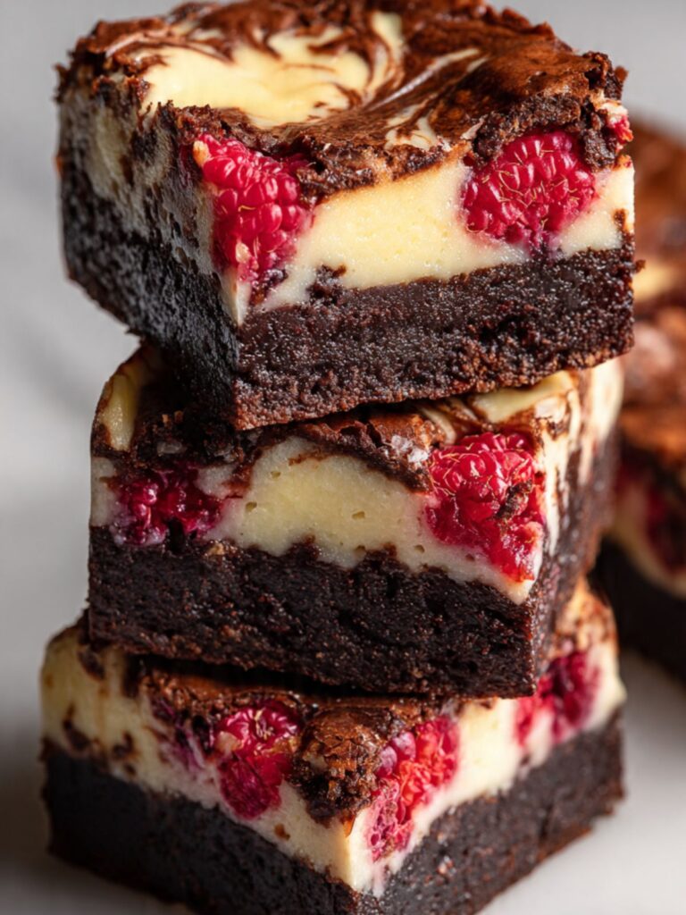 stacked raspberry cheesecake brownies showing fudgy brownie base and creamy cheesecake layer with raspberries