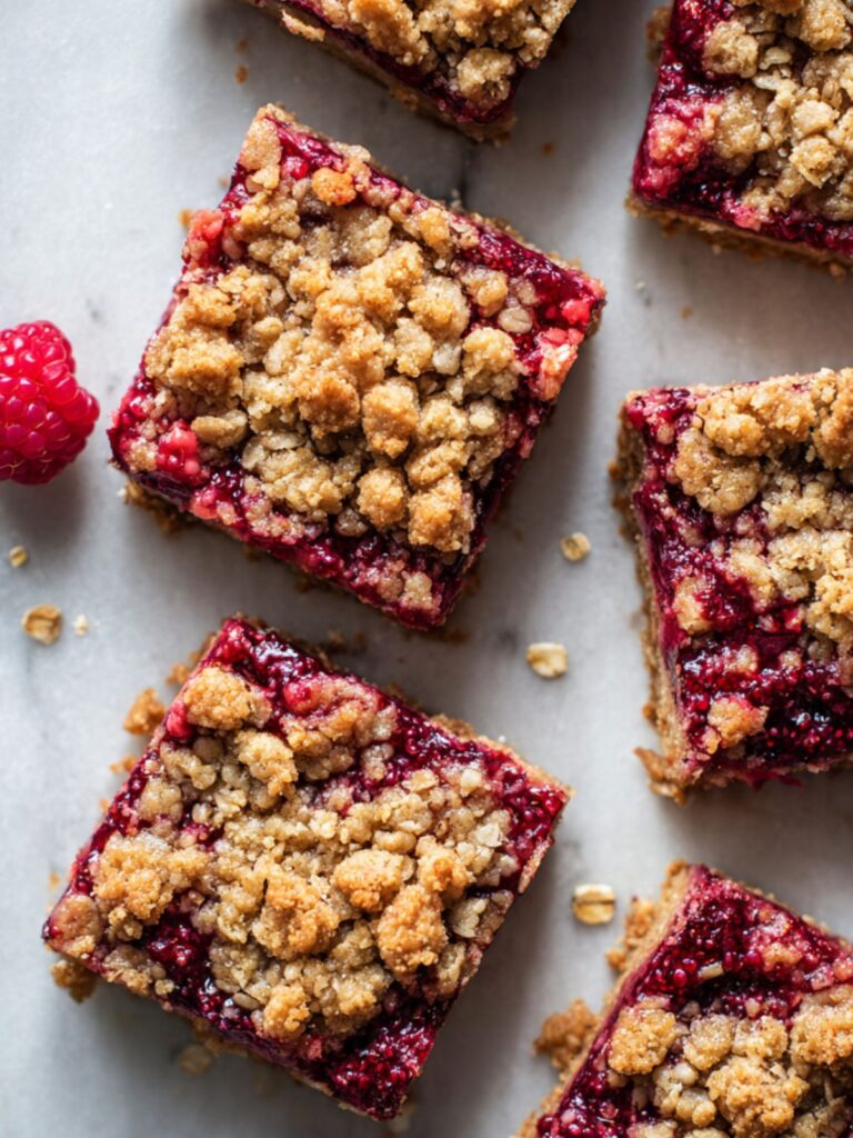 Overhead view of raspberry crumble bars cut into squares on marble with oat crumble topping and jammy ruby filling