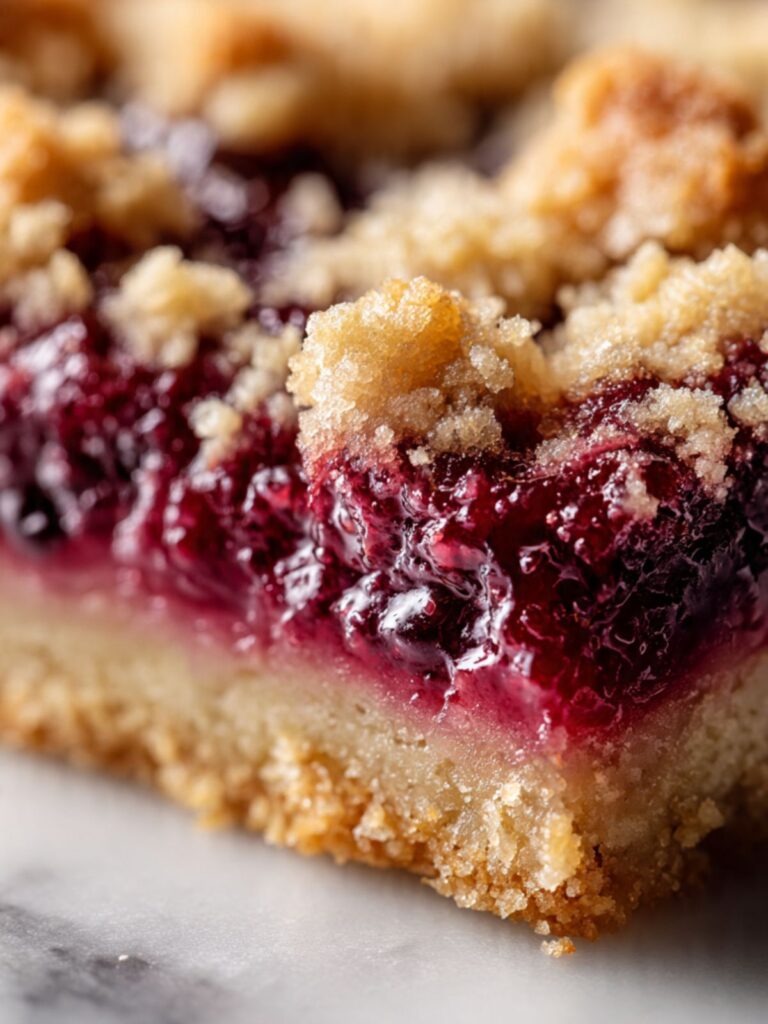 Close-up cross-section of raspberry crumble bar showing shortbread base, ruby raspberry filling, and golden oat crumble topping